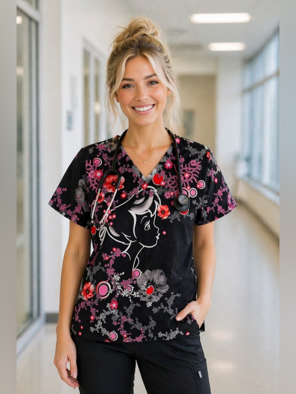 Disney Tinkerbell Scrub Top – Floral Print | Size Small